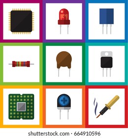 Flat Icon Appliance Set Of Transducer, Triode, Unit And Other Vector Objects. Also Includes Receiver, Microprocessor, Motherboard Elements.