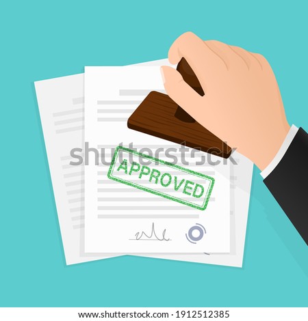Flat icon with approved stamp hand for paper design. Business concept. Vector illustration.