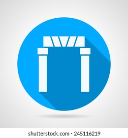 Flat icon for arch entrance. Flat circle blue vector icon with white silhouette brick rectangular arch with long shadow on gray background.