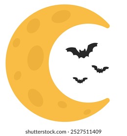 Flat icon of ark Halloween moon with bats isolated on white background.