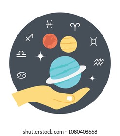 
Flat icon of astrological signs and planets placed in a palm 
