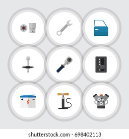Flat Icon Auto Set Of Automatic Transmission, Spanner, Ratchet And Other Vector Objects. Also Includes Battery, Key, Carrying Elements.