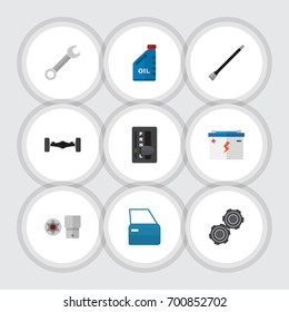 Flat Icon Auto Set Of Automobile Part, Automatic Transmission, Petrol And Other Vector Objects. Also Includes Key, Battery, Pipeline Elements.