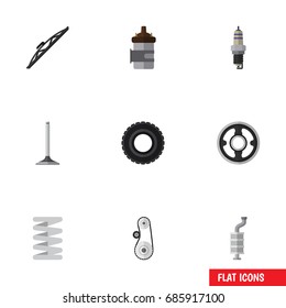 Flat Icon Auto Set Of Belt, Windshield, Spare Parts And Other Vector Objects. Also Includes Segment, Spark, Spring Elements.