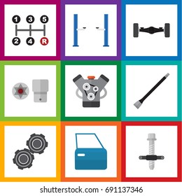 Flat Icon Auto Set Of Belt, Auto Jack, Pipeline And Other Vector Objects. Also Includes Puller, Pipeline, Belt Elements.