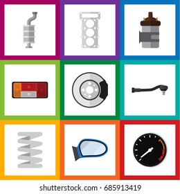 Flat Icon Auto Set Of Input Technology, Metal, Auto Component And Other Vector Objects. Also Includes Spring, Silencer, Packing Elements.