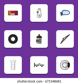 Flat Icon Auto Set Of Metal, Windshield, Packing And Other Vector Objects. Also Includes Auto, Combustion, Shafts Elements.