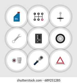 Flat Icon Auto Set Of Petrol, Warning, Muffler And Other Vector Objects. Also Includes Stop, Block, Carrying Elements.