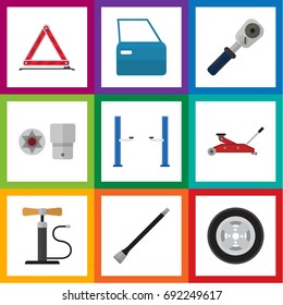 Flat Icon Auto Set Of Ratchet, Wheel Pump, Warning And Other Vector Objects. Also Includes Coupler, Door, Automobile Elements.