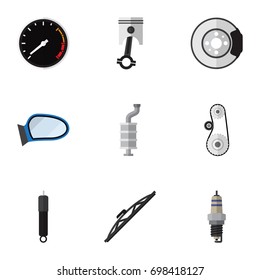 Flat Icon Auto Set Of Silencer, Spare Parts, Windshield And Other Vector Objects. Also Includes Metal, Windshield, Wing Elements.