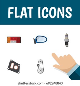 Flat Icon Auto Set Of Spare Parts, Auto Component, Cambelt And Other Vector Objects. Also Includes Wing, Mirror, Gasket Elements.