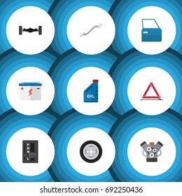 Flat Icon Auto Set Of Warning, Petrol, Automatic Transmission And Other Vector Objects. Also Includes Tire, Engine, Stop Elements.