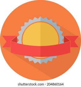 Flat icon of award with ribbon on orange background
