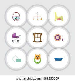 Flat Icon Baby Set Of Bathtub, Rattle, Toilet And Other Vector Objects. Also Includes Potty, Rattle, Crib Elements.
