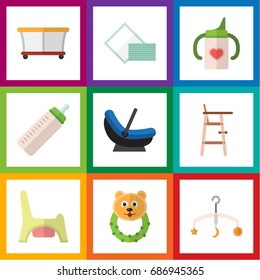 Flat Icon Baby Set Of Feeder, Nursing Bottle, Pram And Other Vector Objects. Also Includes Playpen, Rattle, Cradle Elements.
