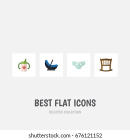 Flat Icon Baby Set Of Nappy, Pram, Nursing Bottle And Other Vector Objects. Also Includes Pram, Bed, Cradle Elements.
