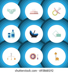 Flat Icon Baby Set Of Nipple, Tissue, Cream With Lotion And Other Vector Objects. Also Includes Soothers, Dish, Pacifier Elements.