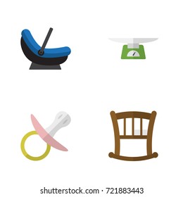 Flat Icon Baby Set Of Nipple, Children Scales, Infant Cot And Other Vector Objects. Also Includes Nipple, Cot, Infant Elements.