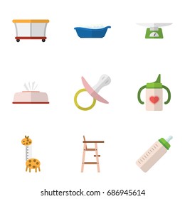 Flat Icon Baby Set Of Nursing Bottle, Tissue, Children Scales And Other Vector Objects. Also Includes Nipple, Tissue, Scales Elements.