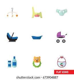 Flat Icon Baby Set Of Pram, Stroller, Rattle And Other Vector Objects. Also Includes Baby, Child, Pinny Elements.