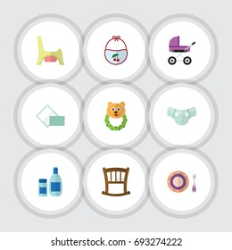 Flat Icon Baby Set Of Rattle, Stroller, Cream With Lotion And Other Vector Objects. Also Includes Pampers, Bear, Child Elements.
