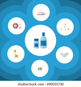 Flat Icon Baby Set Of Tissue, Cream With Lotion, Toy And Other Vector Objects. Also Includes Diaper, Weighing, Dish Elements.