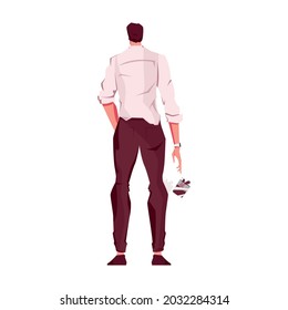 Flat icon with back view of shocked of depressed man dropping glass with drink vector illustration