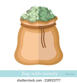 flat icon bag with bank notes isolated on white