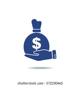 Flat icon. Bag with money in the palm of your hand.