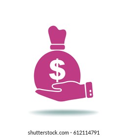 Flat icon. Bag with money in the palm of your hand.
