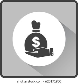 Flat icon. Bag with money in the palm of your hand.