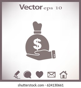 Flat icon. Bag with money in the palm of your hand.