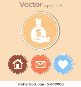 Flat icon. Bag with money in the palm of your hand.
