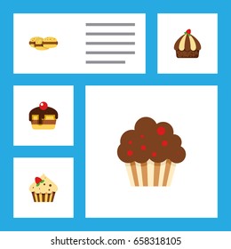 Flat Icon Bakery Set Of Biscuit, Confectionery, Dessert And Other Vector Objects. Also Includes Sweetmeat, Cake, Pastry Elements.