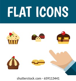 Flat Icon Bakery Set Of Confectionery, Cake, Dessert And Other Vector Objects. Also Includes Cupcake, Cookie, Biscuit Elements.