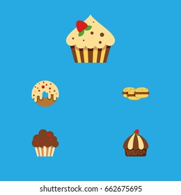 Flat Icon Bakery Set Of Confectionery, Cupcake, Muffin And Other Vector Objects. Also Includes Muffin, Shortcake, Donuts Elements.
