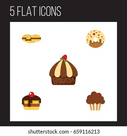 Flat Icon Bakery Set Of Muffin, Biscuit, Dessert And Other Vector Objects. Also Includes Cookie, Doughnut, Shortcake Elements.