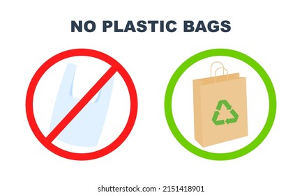 Flat Icon With Ban Plastic Bags. Slogan No Plastic Bags. Forbidden Use Polythene Package. Ecology Concept.