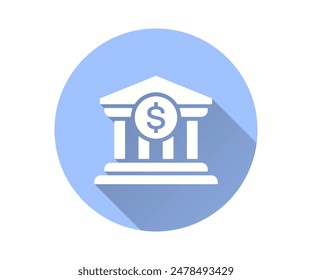 Flat icon of a bank building with a dollar symbol, representing finance and economy.