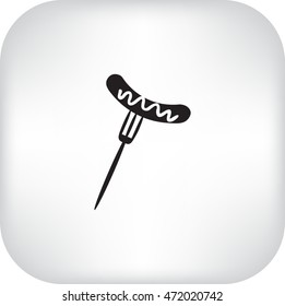 Flat icon. Barbecue Sausage with mustard on a fork.