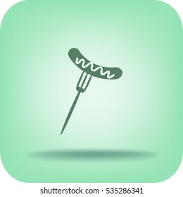 Flat icon. Barbecue Sausage with mustard on a fork.