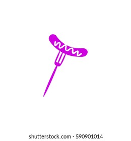 Flat icon. Barbecue Sausage with mustard on a fork.