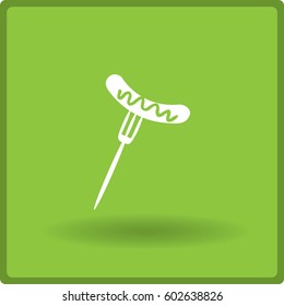 Flat icon. Barbecue Sausage with mustard on a fork.