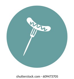 Flat icon. Barbecue Sausage with mustard on a fork.