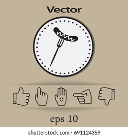 Flat icon. Barbecue Sausage with mustard on a fork.