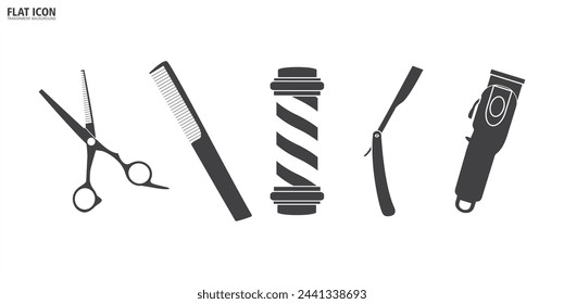 Flat icon of Barbershop tools and equipment, beard or mustache shave and haircut. Barbershop equipment, tools, Barbershop icon vector symbol illustration in transparent background.
