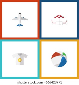 Flat Icon Beach Set Of Aircraft, Recliner, Clothes And Other Vector Objects. Also Includes Sphere, Ball, Plane Elements.
