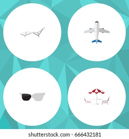 Flat Icon Beach Set Of Aircraft, Recliner, Deck Chair And Other Vector Objects. Also Includes Sunbed, Beach, Aircraft Elements.
