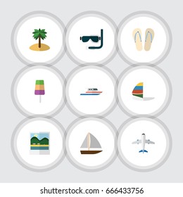 Flat Icon Beach Set Of Aircraft, Scuba Diving, Reminders And Other Vector Objects. Also Includes Island, Sandals, Yacht Elements.