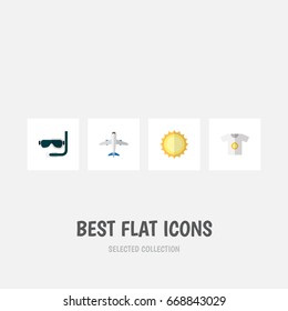 Flat Icon Beach Set Of Aircraft, Clothes, Scuba Diving And Other Vector Objects. Also Includes Clothes, Aircraft, Shirt Elements.